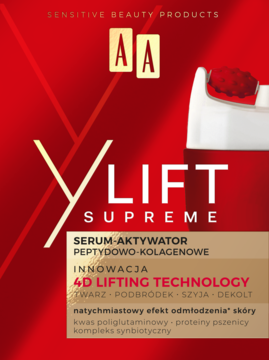 AA YLift Supreme peptydowo-kolagenowe serum z masażerem, czerwone opakowanie z napisem 4D Lifting Technology.