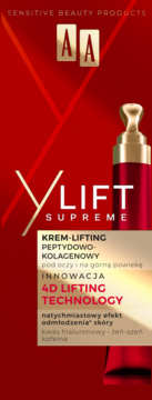 AA YLIFT Supreme peptydowo-kolagenowy krem liftingujący do oczu, czerwona butelka z pompką, widok z przodu.