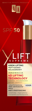 AA Lift Supreme SPF 50 krem-lifting, czerwono-złote opakowanie z napisem 4D Lifting Technology.