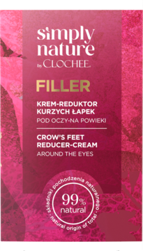 Różowe opakowanie kremu Simply Nature by Clochee Filler Crow's Feet Reducer-Cream, z oznaczeniem 99% natural.