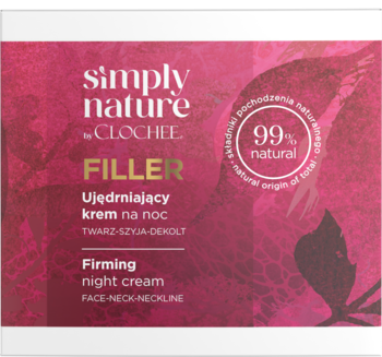 Biały słoik kremu na noc Clochee Simply Nature Filler, z różową etykietą i napisem "99% natural".