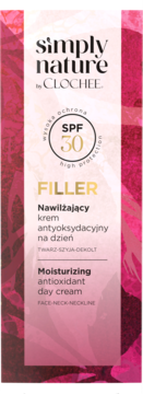 Białe opakowanie Clochee Simply Nature Filler, krem nawilżający na dzień SPF 30, widok z przodu.