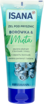 Isana żel pod prysznic Borówka i Mięta w niebieskiej tubie z grafiką owoców i liści, widok z przodu.