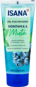 Isana Żel pod prysznic Borówka & Mięta z pantenolem, niebieska tuba z grafiką jagód, widok z przodu.