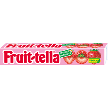 Fruittella wegańskie cukierki truskawkowe, różowe opakowanie, widok z przodu, z logo i truskawkami.