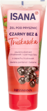 Isana żel pod prysznic Czarny Bez & Truskawka, różowa tuba z grafiką truskawek i czarnego bzu, widok z przodu.