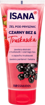 Isana Żel pod prysznic Czarny Bez & Truskawka, różowa tubka z grafiką owoców, przód, z ekstraktami.