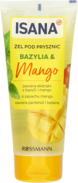 Isana żel pod prysznic Bazylia & Mango w żółtej tubce, widok z przodu, z ilustracjami liści i mango.