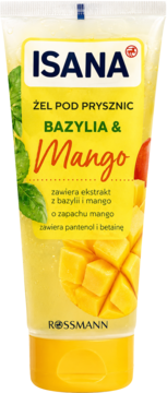 Żel pod prysznic Isana Bazylia i Mango, żółta tuba z przezroczystym żelem, grafiką bazylii i mango, widok z przodu.