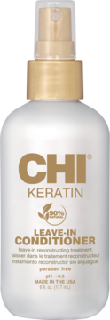 CHI Keratin Leave-In Conditioner, biała butelka ze złotym atomizerem do włosów zniszczonych, widok z przodu.