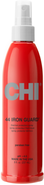 Czerwony spray termoochronny CHI 44 Iron Guard w pionowej butelce z białą nakrętką, widok z przodu.