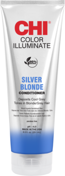 CHI Color Illuminate Silver Blonde Conditioner w białej tubce z niebieskim spodem, widok z przodu. Tonuje włosy.