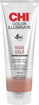 CHI Color Illuminate Rose Gold Conditioner in a white tube with a rose gold bottom, 95% natural, front view.