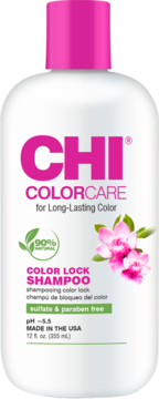 Szampon CHI Colorcare Color Lock do włosów farbowanych w białej butelce z różową nakrętką i kwiatami, z przodu.