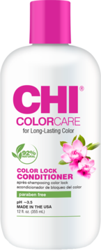 Biała butelka odżywki CHI COLORCARE Color Lock do włosów farbowanych, z różowym logo i pH ~3.5, widok z przodu.