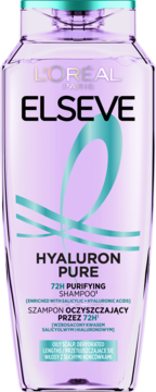 L'Oréal Elseve Hyaluron Pure 72H Purifying Shampoo. Fioletowa, przezroczysta butelka z turkusową grafiką, widok z przodu.