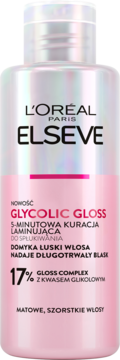 L'Oréal Elseve Glycolic Gloss, 5-minutowa kuracja z kwasem glikolowym, perłowa butelka, widok z przodu.