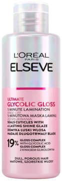 Różowa butelka L'Oréal Elseve Ultimate Glycolic Gloss, 5-minutowa maska do włosów matowych z kwasem glikolowym.