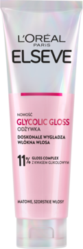 L'Oréal Elseve Glycolic Gloss odżywka do włosów matowych i szorstkich, różowo-biała tubka, widok z przodu.