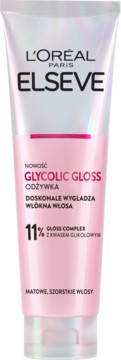 L'Oréal Elseve Glycolic Gloss odżywka do włosów matowych i szorstkich, różowo-biała tubka, widok z przodu.