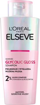 Różowy szampon L'Oréal Paris Elseve Glycolic Gloss, butelka z iridescentnym topem, wygładza włosy.