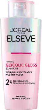 Różowy szampon L'Oréal Paris Elseve Glycolic Gloss, butelka z iridescentnym topem, wygładza włosy.