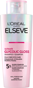 L'Oréal Elseve Glycolic Gloss szampon w irydującej butelce, widok z przodu, dla włosów matowych.