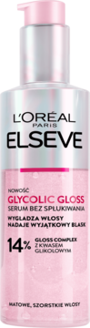 L'Oréal Elseve Glycolic Gloss serum z kwasem glikolowym do włosów matowych, przezroczysta butelka z różową pompką.