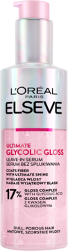 L'Oréal Elseve Glycolic Gloss serum do włosów, różowa butelka z pompką, widok z przodu, z 17% kwasem glikolowym.
