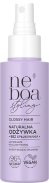 Fioletowa odżywka w sprayu Neboa Glossy Hair, bez spłukiwania, naturalna, widok z przodu.