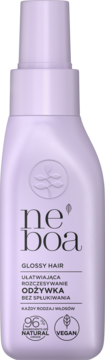 Fioletowa butelka sprayu Neboa Glossy Hair, odżywka bez spłukiwania ułatwiająca rozczesywanie, widok z przodu.