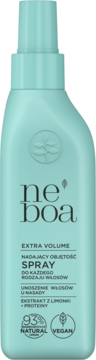 Spray Neboa Extra Volume do włosów, miętowa butelka, z limonką i proteinami, 93% naturalny, wegański, widok z przodu.