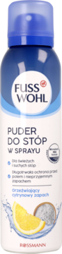 Fusswohl Puder do Stóp w Sprayu, biało-niebieska puszka z cytryną, świeżyzapach, przód.