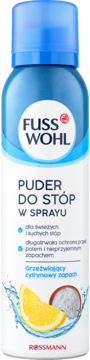 Fuss Wohl puder do stóp w sprayu, błękitno-biała butelka z cytryną, odświeżający zapach, widok z przodu.