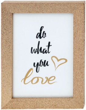 Prostokątna jasnobrązowa ramka na zdjęcie z napisem "do what you love", na białym tle.