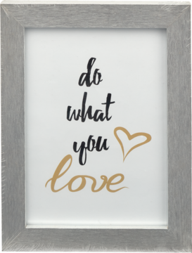 Srebrna brokatowa ramka na zdjęcie 13x18 cm z napisem „do what you love” i złotym sercem.