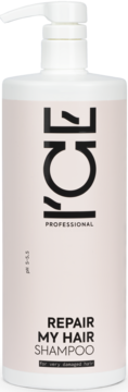 Duża biała butelka szamponu Ice Professional Repair My Hair z pompką, widok z przodu. Szampon do włosów zniszczonych.