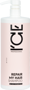 Ice Professional Repair My Hair Shampoo dla włosów zniszczonych, jasnoróżowa butelka z białą pompką, widok z przodu.
