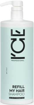 Biały szampon Ice Professional Refill My Hair z pompką, jasnozielona etykieta z czarnym napisem, widok z przodu.