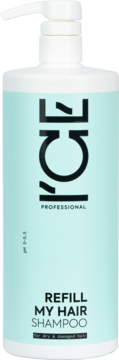 Biała butelka szamponu Ice Professional Refill My Hair z pompką, miętowa etykieta, przód. Dla suchych, zniszczonych włosów.