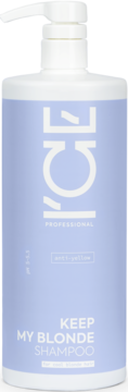 ICE Professional Keep My Blonde szampon w fioletowej butelce z pompką, neutralizujący żółty odcień, widok z przodu.