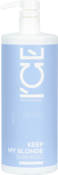 ICE Professional Keep My Blonde anti-yellow szampon w jasnoniebieskiej butelce z pompką, widok z przodu.