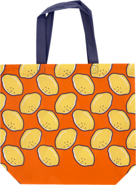 Ekologiczna torba na zakupy z wytrzymałego materiału, pomarańczowa z żółtymi cytrynami, widok z przodu.