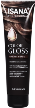 Isana Professional Color Gloss Warm Brown odżywka koloryzująca w czarnej tubie, widok z przodu, z ilustracją brązowych włosów.