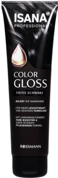 Isana Professional Color Gloss Deep Black w czarnej tubce z kroplą, widok z przodu, nadaje blask włosom.