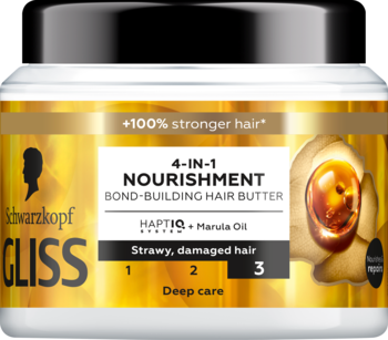 Gliss 4-in-1 Nourishment Bond-Building Hair Butter z Marula Oil, w białym słoiczku ze złotą etykietą.