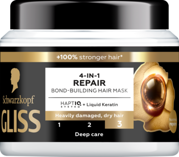 Maska Schwarzkopf Gliss 4-IN-1 Repair HAPTIC z keratyną w czarno-złotym słoiku, widok z przodu, na zniszczone włosy.