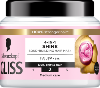 Gliss 4-IN-1 Shine Maska do włosów, biało-różowa tubka, z przodu, do włosów matowych i łamliwych, z HAPTIQ + Silk.