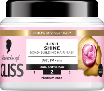 Gliss 4-IN-1 Shine Maska do włosów, biało-różowa tubka, z przodu, do włosów matowych i łamliwych, z HAPTIQ + Silk.