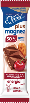 E.Wedel baton czekoladowy mleczny z wiśniami i migdałami plus magnez, w opakowaniu 80% z papieru.